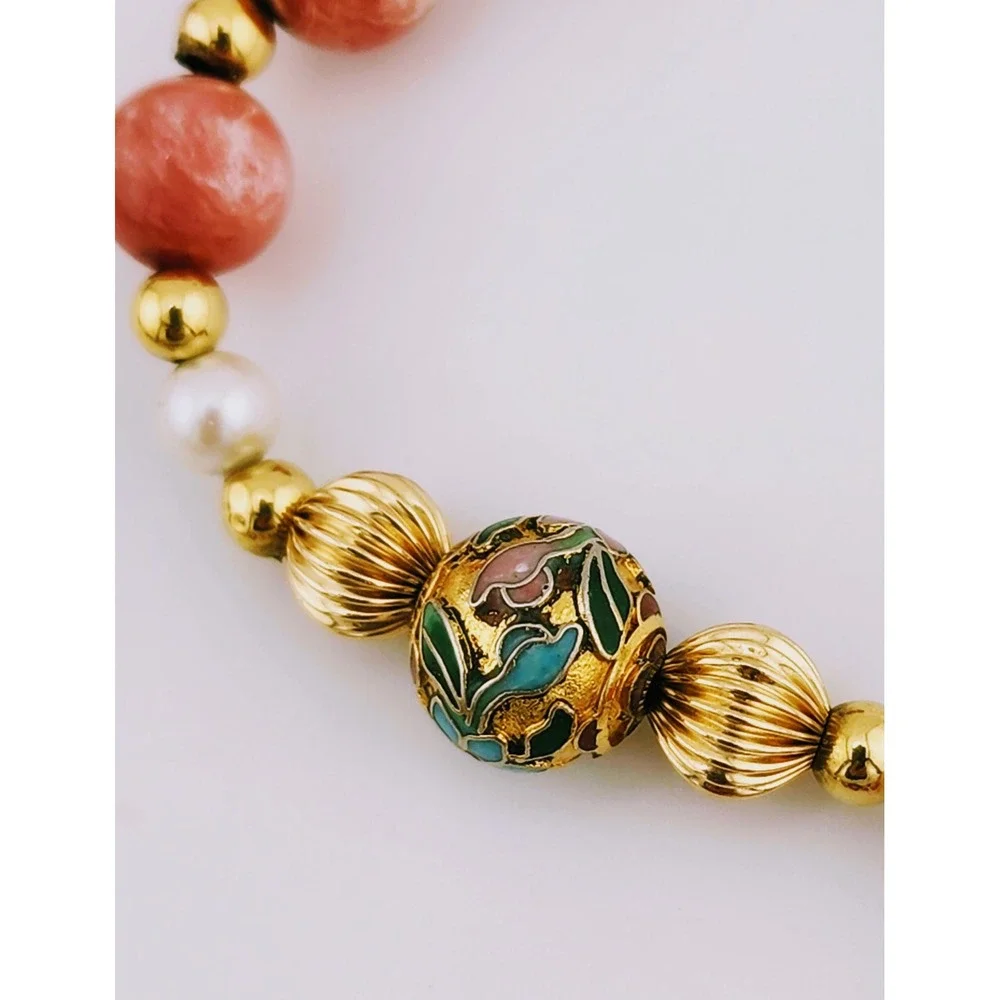 Vintage 14k Gold Rhodochrosite Pearl Cloisonne Bead Necklace Estate 585 Stamped